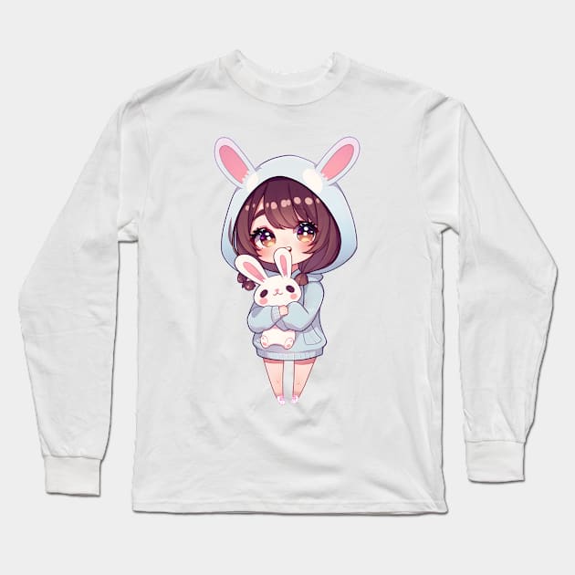 Cute Anime Girl With Bunny Long Sleeve T-Shirt by Daytone